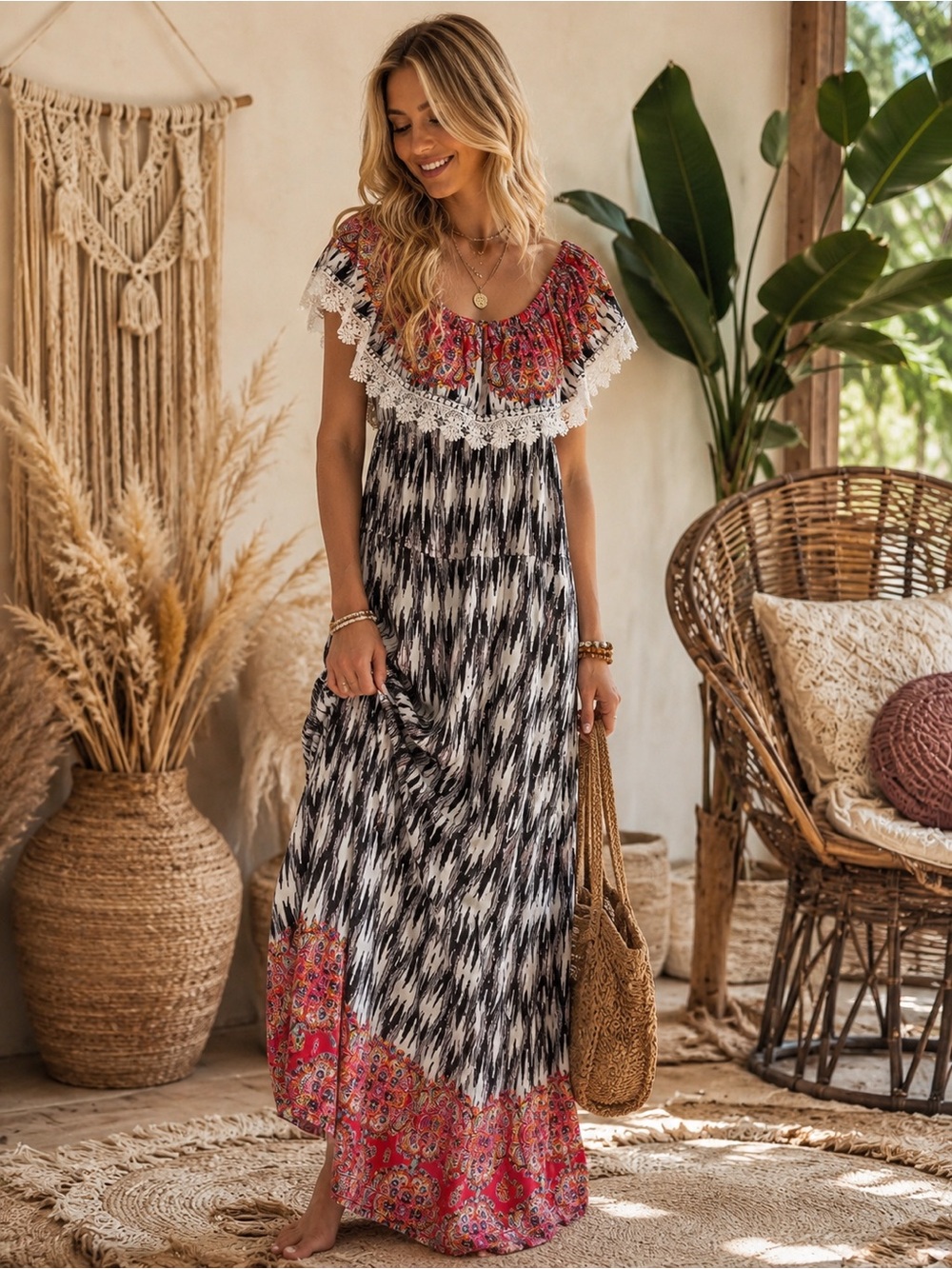 Boho Maxi Dress with Black Ikat Print and Pink Floral Accents